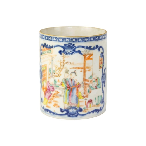 94 - A Chinese famille rose porcelain mug, Qianlong. With figures in a landscape including on horseback, ... 