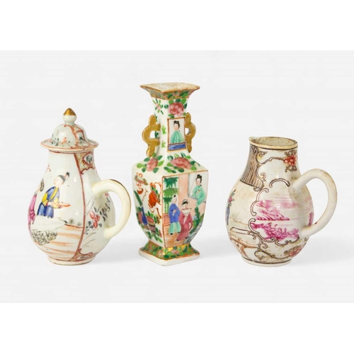 96 - Two Chinese mandarin milk jugs, 18th century. One with cover, heights 13cm and 11cm and a Chinese Ca... 