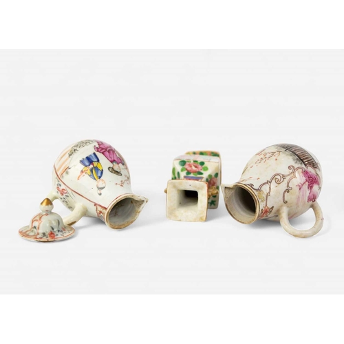 96 - Two Chinese mandarin milk jugs, 18th century. One with cover, heights 13cm and 11cm and a Chinese Ca... 