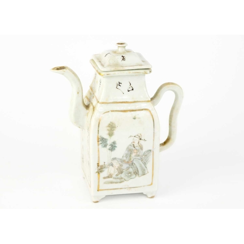 97 - A Chinese porcelain teapot, 19th century. Decorated with a lady and dog in a garden opposed by a man... 