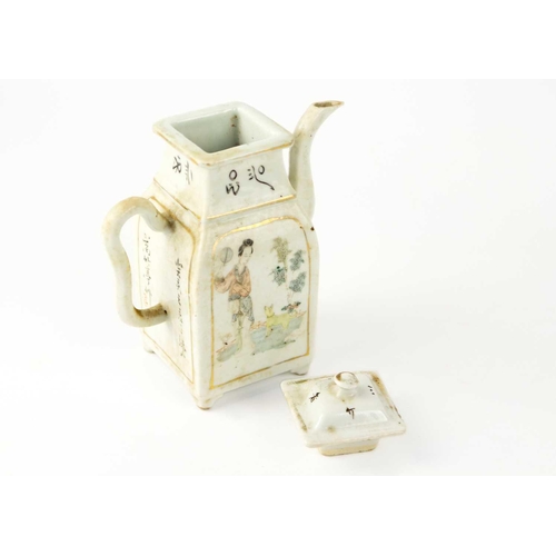 97 - A Chinese porcelain teapot, 19th century. Decorated with a lady and dog in a garden opposed by a man... 