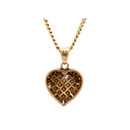 14 - A 9ct diamond set heart pendant on a 9ct curb link chain. The heart pendant set with 44 small round ... 