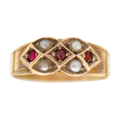 3 - A Victorian 15ct 'regard' acrostic ring and a 9ct garnet and pearl set ring. The Victorian ring set ... 