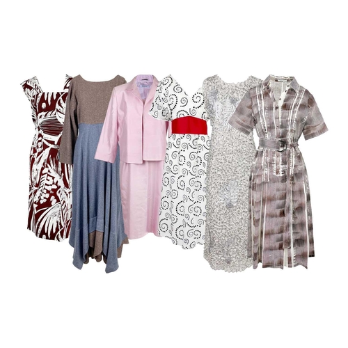 332 - A selection of six designer dresses. To include a Rene Lezard brown and white printed cotton dress, ... 