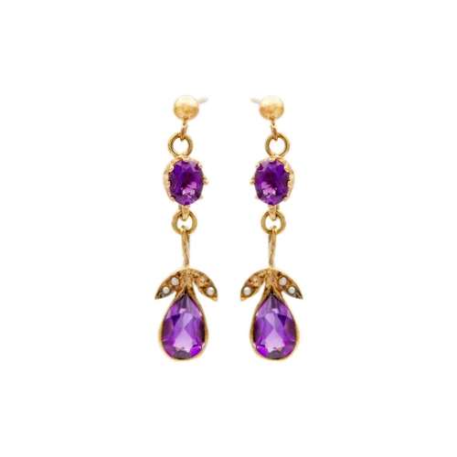 48 - A selection of four 9ct pairs of gem-set earrings. To include a pair of Edwardian style amethyst and... 