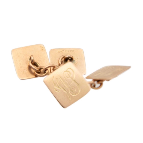 51 - A pair of 9ct rose gold cufflinks. The square heads with engraved monograms, Birmingham 1927, 5.8g.