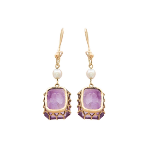 88 - A pair of gold-mounted rectangular cut amethyst and pearl set pendant earrings. The amethysts measur... 