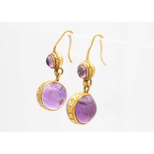 98 - A good pair of French Etruscan Revival 18ct spherical amethyst set pendant earrings. The spheres wit... 