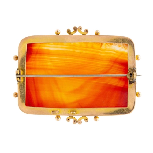 99 - A Victorian 9ct framed large agate rectangular plaque brooch. Stamped 9ct, 38 x 56mm, base metal pin... 