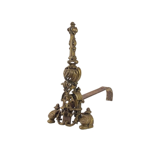 1 - A pair of French brass chenets. In Louis XVI style, height 50cm.