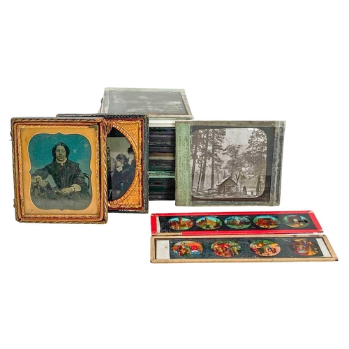 101 - A large collection of magic lantern slides, a Negretti & Zambra Magic Lantern and a pull-up screen. ... 