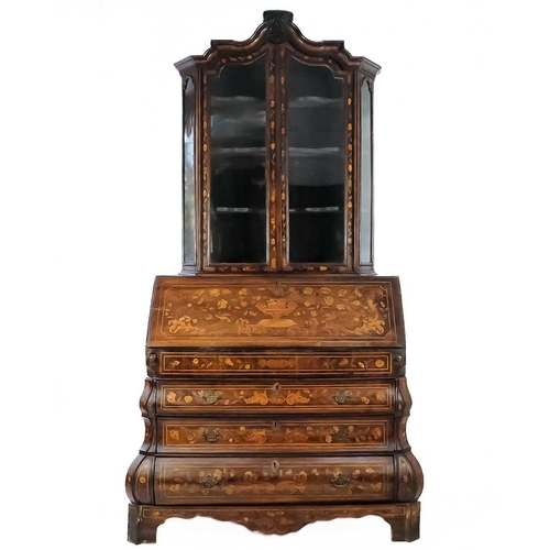 1013 - A Dutch walnut marquetry bureau bookcase. 18th century, the glazed upper part with angled sides and ... 