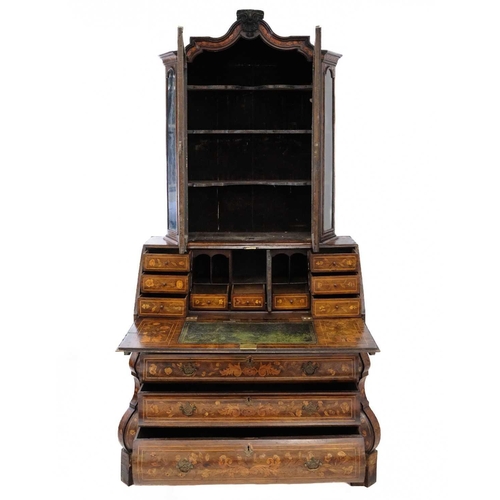 1013 - A Dutch walnut marquetry bureau bookcase. 18th century, the glazed upper part with angled sides and ... 