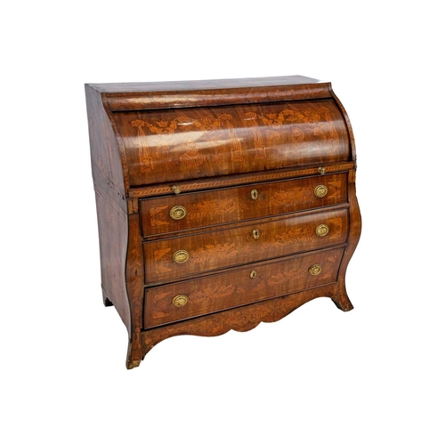 1015 - A Dutch mahogany and fruitwood marquetry bombe cylinder bureau. The roll top front extensively inlai... 