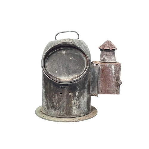 105 - A miner's lamp, labelled 3. Serial number 48136, height 26cm, together with a copper ships binnacle ... 