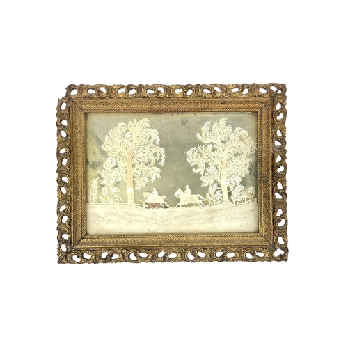 120 - A Victorian cut paper picture by C L B With two riders in a lightly wooded landscape, on a mirrored ... 