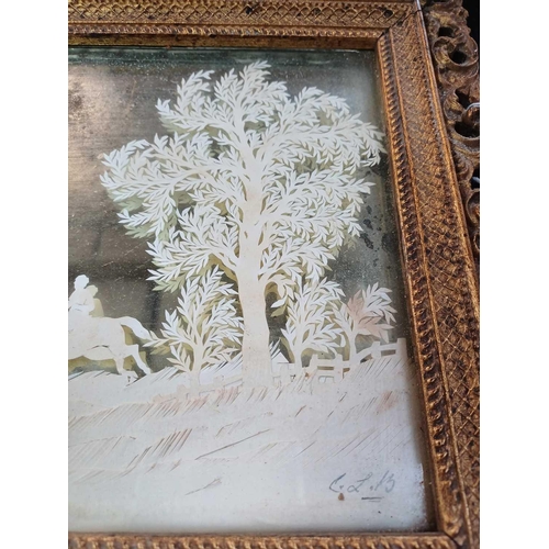 120 - A Victorian cut paper picture by C L B With two riders in a lightly wooded landscape, on a mirrored ... 