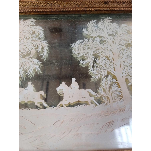 120 - A Victorian cut paper picture by C L B With two riders in a lightly wooded landscape, on a mirrored ... 