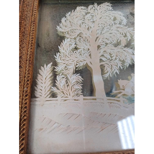 120 - A Victorian cut paper picture by C L B With two riders in a lightly wooded landscape, on a mirrored ... 