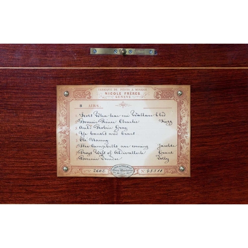 13 - A 19th century rosewood marquetry musical box by Nicole Freres Geneve. With 8 Airs paper label list,... 