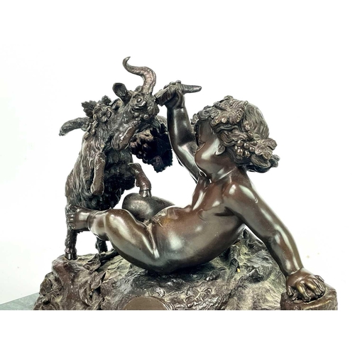 156 - After Clodion, a patinated bronze putti and ram group. 20th century, on a green marble base, height ... 