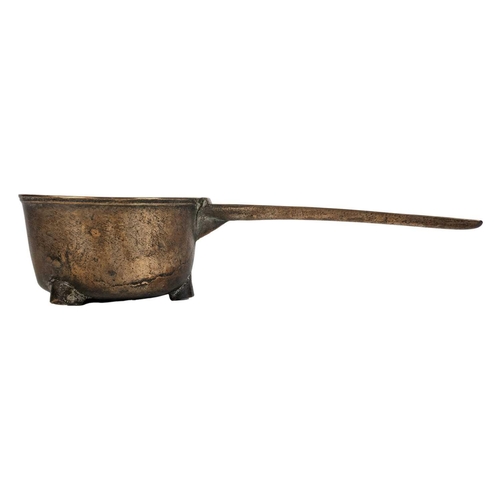 17 - A Georgian bronze skillet. The handle inscribed 'T.P.B. Water. I', height 8cm, length 35cm, diamter ... 