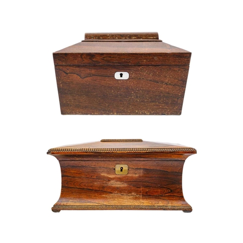 193 - A William IV rosewood tea caddy. Of swept sarcophagus form, with two internal compartments and a rec... 