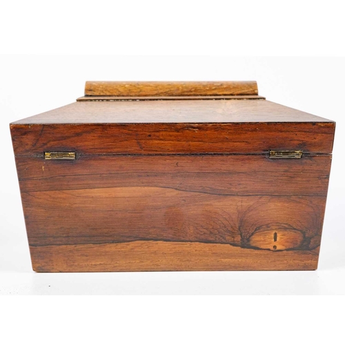 193 - A William IV rosewood tea caddy. Of swept sarcophagus form, with two internal compartments and a rec... 