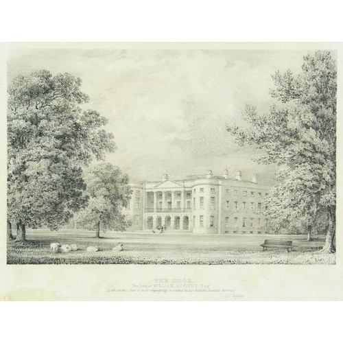 200 - A 19th century engraving of a country house, The Hook, seat of William Hornby. 18X23cm, in a burr wa... 