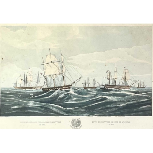 229 - After Brierly, colored lithograph. Sending on board the Admiral for letters at sea, the English and ... 