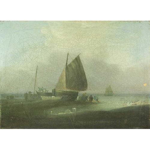 233 - English School, 19th century. Unloading the catch at dusk, figures with beached boats. Oil on canvas... 