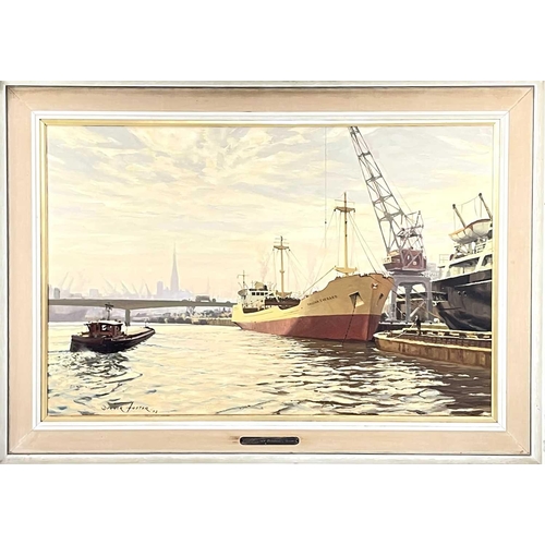 241 - Deryck FOSTER. The Gillian Everard moored up in Rouen. Signed and dated '73, oil on board, 49X76cm, ... 