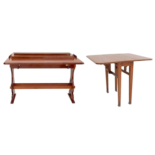 242 - A varnished teak twin flap table from a yacht. The inlaid top with removable gallery, and fitted a d... 