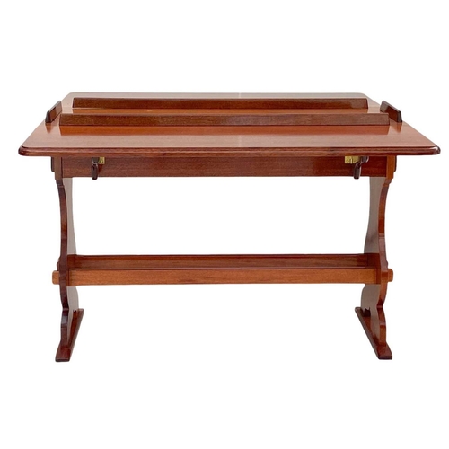 242 - A varnished teak twin flap table from a yacht. The inlaid top with removable gallery, and fitted a d... 