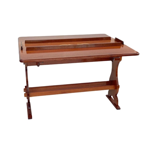 242 - A varnished teak twin flap table from a yacht. The inlaid top with removable gallery, and fitted a d... 