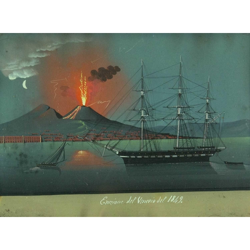 244 - Neopolitan School, 1849. A pair of gouache pictures, the eruption of Vesuvius, night and day, with a... 