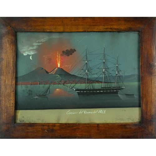 244 - Neopolitan School, 1849. A pair of gouache pictures, the eruption of Vesuvius, night and day, with a... 