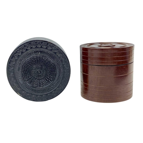 248 - A carved treen circular table snuff box and cover, Diameter 12cm together with a lidded round box. (... 