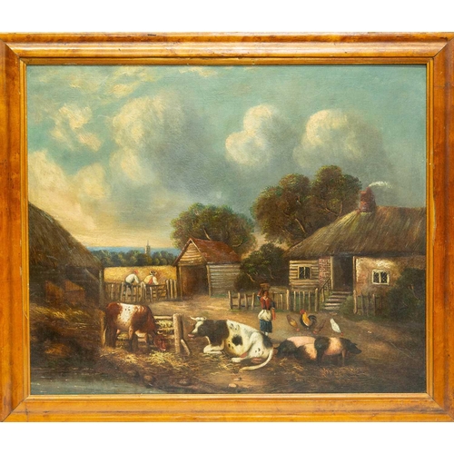 253 - English School 19th century. Primitive farmyard scene. Oil on canvas. 48.5cm x 58.cm frame size 58cm... 