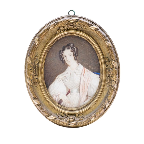 259 - A 19th century oval portrait of a lady. Watercolour on paper, in a gilt gesso frame, 16cm x 12.5cm f... 