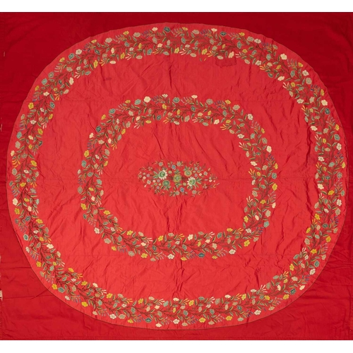 270 - A crewelwork panel. On red satin ground, 214cm x 198cm.