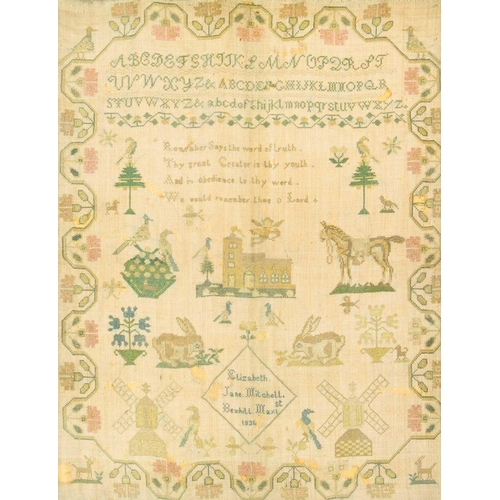 274 - An early Victorian silk work sampler. By Elizabeth Jane Mitchell, Bexhill, dated 1838, worked with t... 