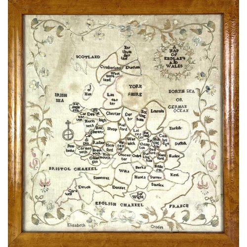 275 - A silk map sampler of England and Wales, by Elizabeth Croden. Early 19th century, worked with a bord... 