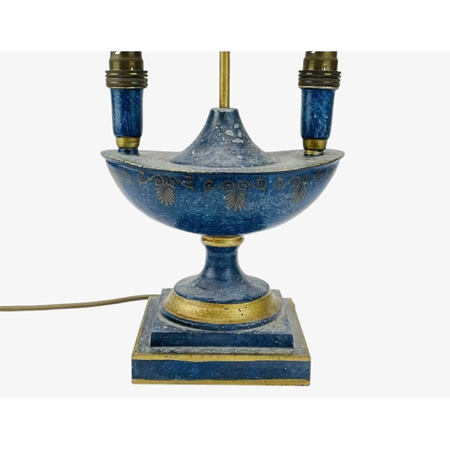 306 - An Italian painted cast metal and tole ware table lamp. mid-late 20th century, with a scumbled blue ... 