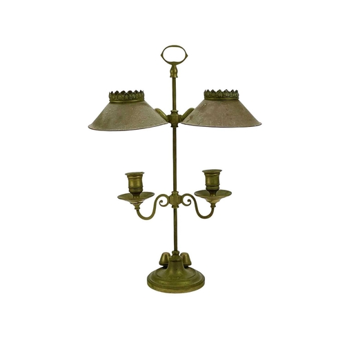 309 - A pair of Victorian brass twin-branch adjustable candle lamps by Miller & Sons. With adjustable shad... 