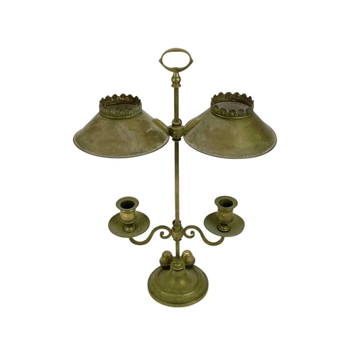 309 - A pair of Victorian brass twin-branch adjustable candle lamps by Miller & Sons. With adjustable shad... 