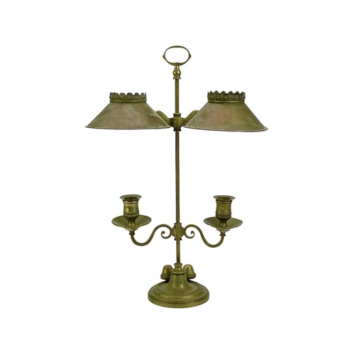 309 - A pair of Victorian brass twin-branch adjustable candle lamps by Miller & Sons. With adjustable shad... 