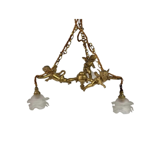 318 - A gilt metal hanging electrolier. Early 20th century, with three winged cherubs each supporting a fr... 