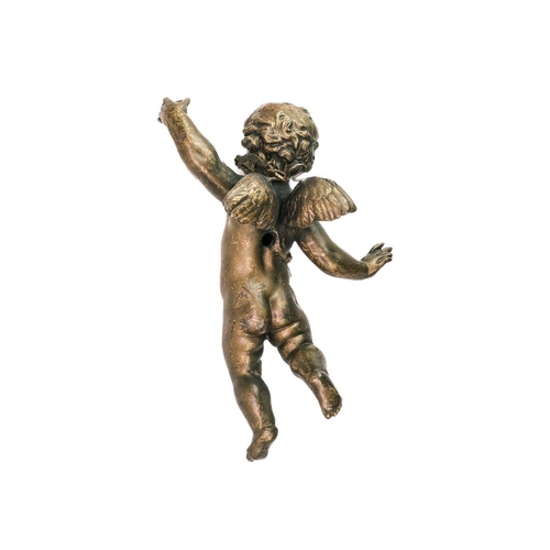 337 - A late Victorian cast gilt metal pendant light. In the form of a winged putti, length 35cm.