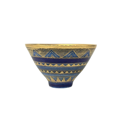 345 - A Mary Rich porcelain flared bowl. Typically decorated with geometric gilt bands, signed, height 7cm... 